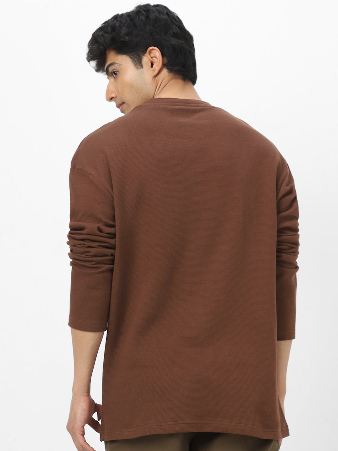 Men's Chocolate Brown Textured Round Neck Oversized Full Sleeve Cotton T-Shirt