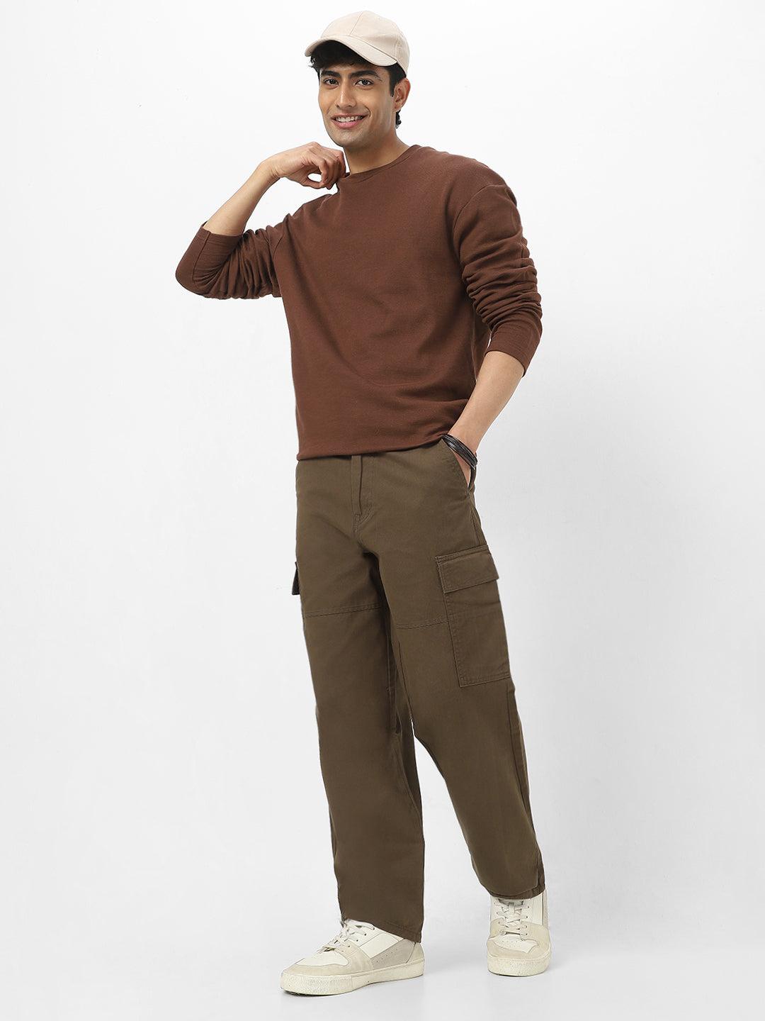 Men's Chocolate Brown Textured Round Neck Oversized Full Sleeve Cotton T-Shirt