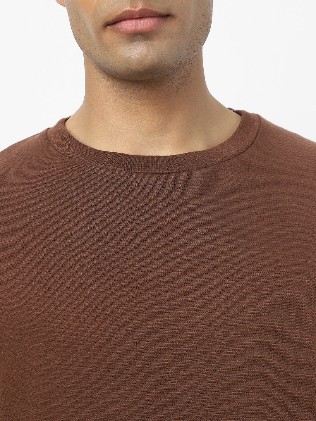 Men's Chocolate Brown Textured Round Neck Oversized Full Sleeve Cotton T-Shirt