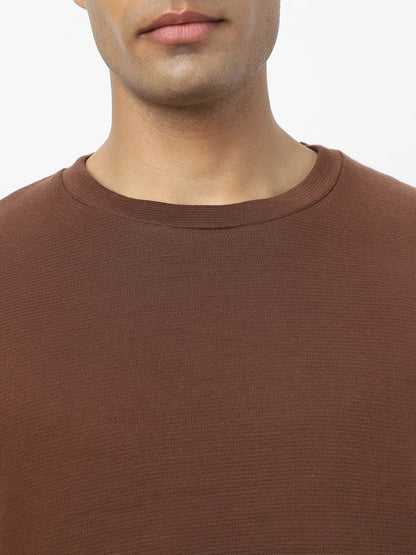 Men's Chocolate Brown Textured Round Neck Oversized Full Sleeve Cotton T-Shirt