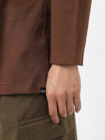 Men's Chocolate Brown Textured Round Neck Oversized Full Sleeve Cotton T-Shirt