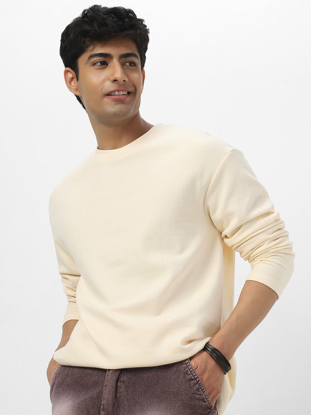 Men's Cloud Cream Textured Round Neck Oversized Full Sleeve Cotton T-Shirt