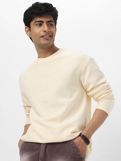 Men's Cloud Cream Textured Round Neck Oversized Full Sleeve Cotton T-Shirt