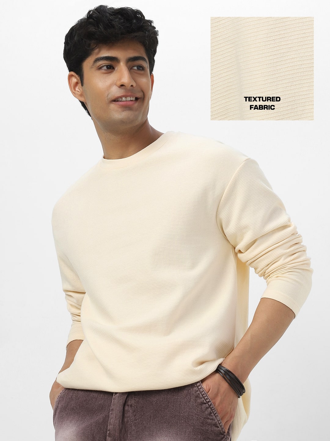 Men's Cloud Cream Textured Round Neck Oversized Full Sleeve Cotton T-Shirt