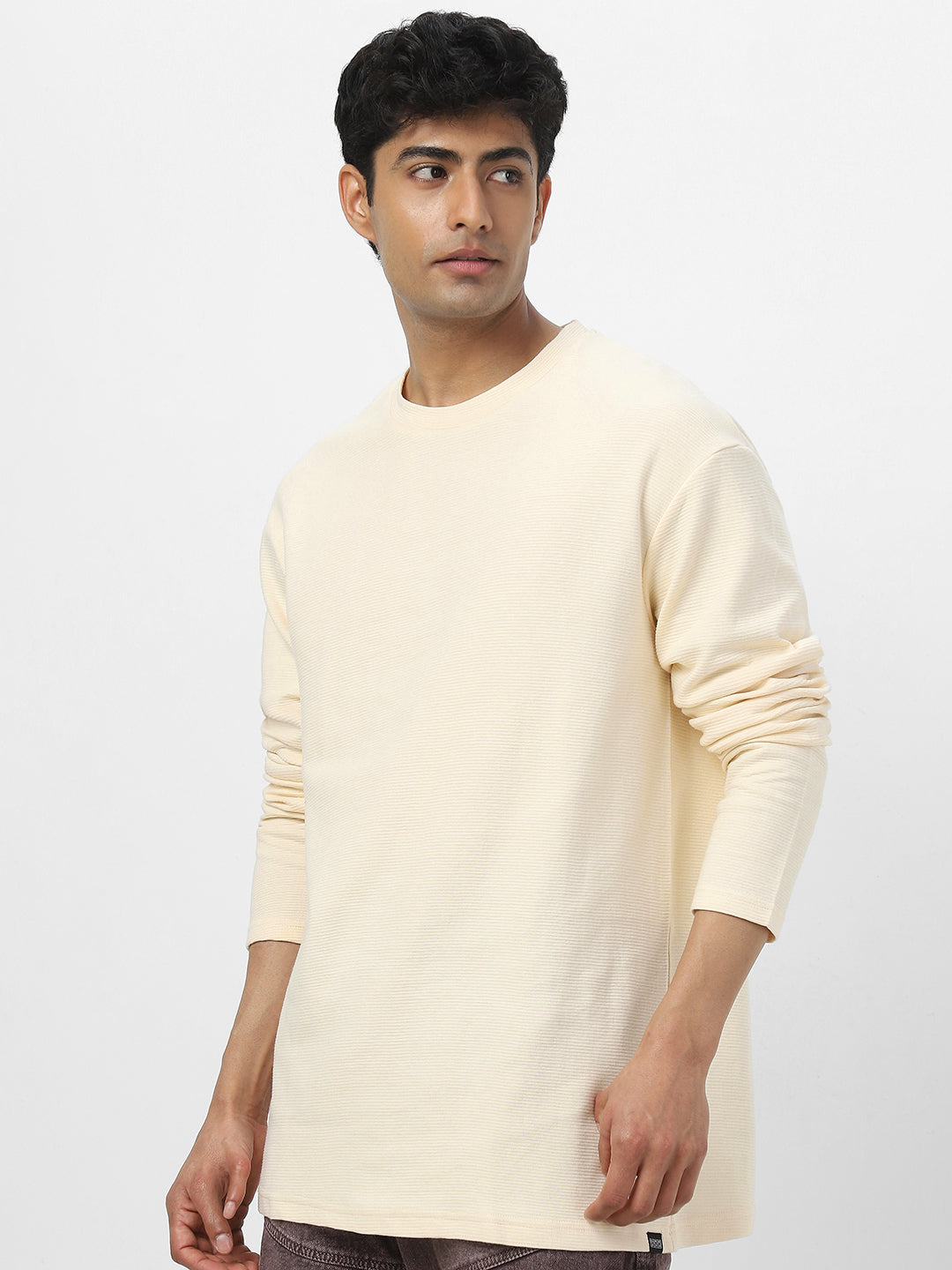 Men's Cloud Cream Textured Round Neck Oversized Full Sleeve Cotton T-Shirt