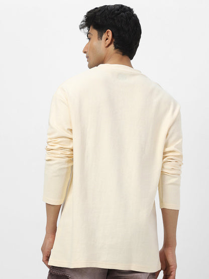 Men's Cloud Cream Textured Round Neck Oversized Full Sleeve Cotton T-Shirt