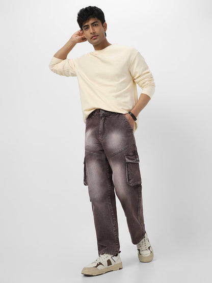 Men's Cloud Cream Textured Round Neck Oversized Full Sleeve Cotton T-Shirt