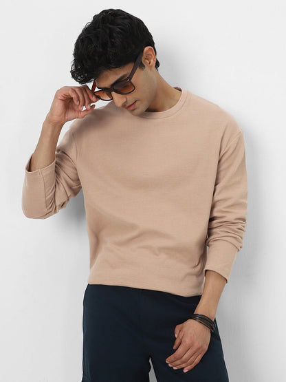 Men's Ginger Root Textured Round Neck Oversized Full Sleeve Cotton T-Shirt