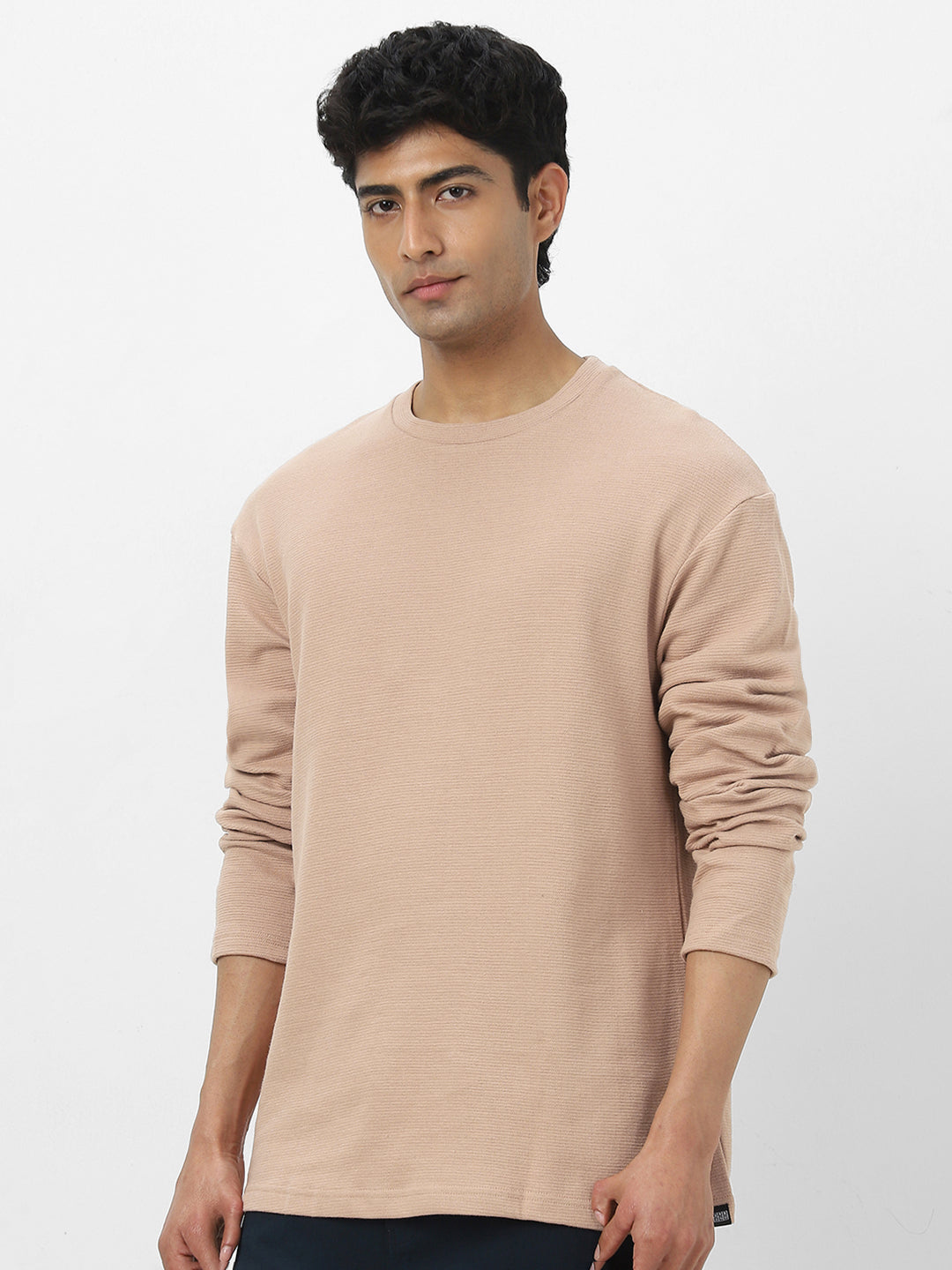 Men's Ginger Root Textured Round Neck Oversized Full Sleeve Cotton T-Shirt