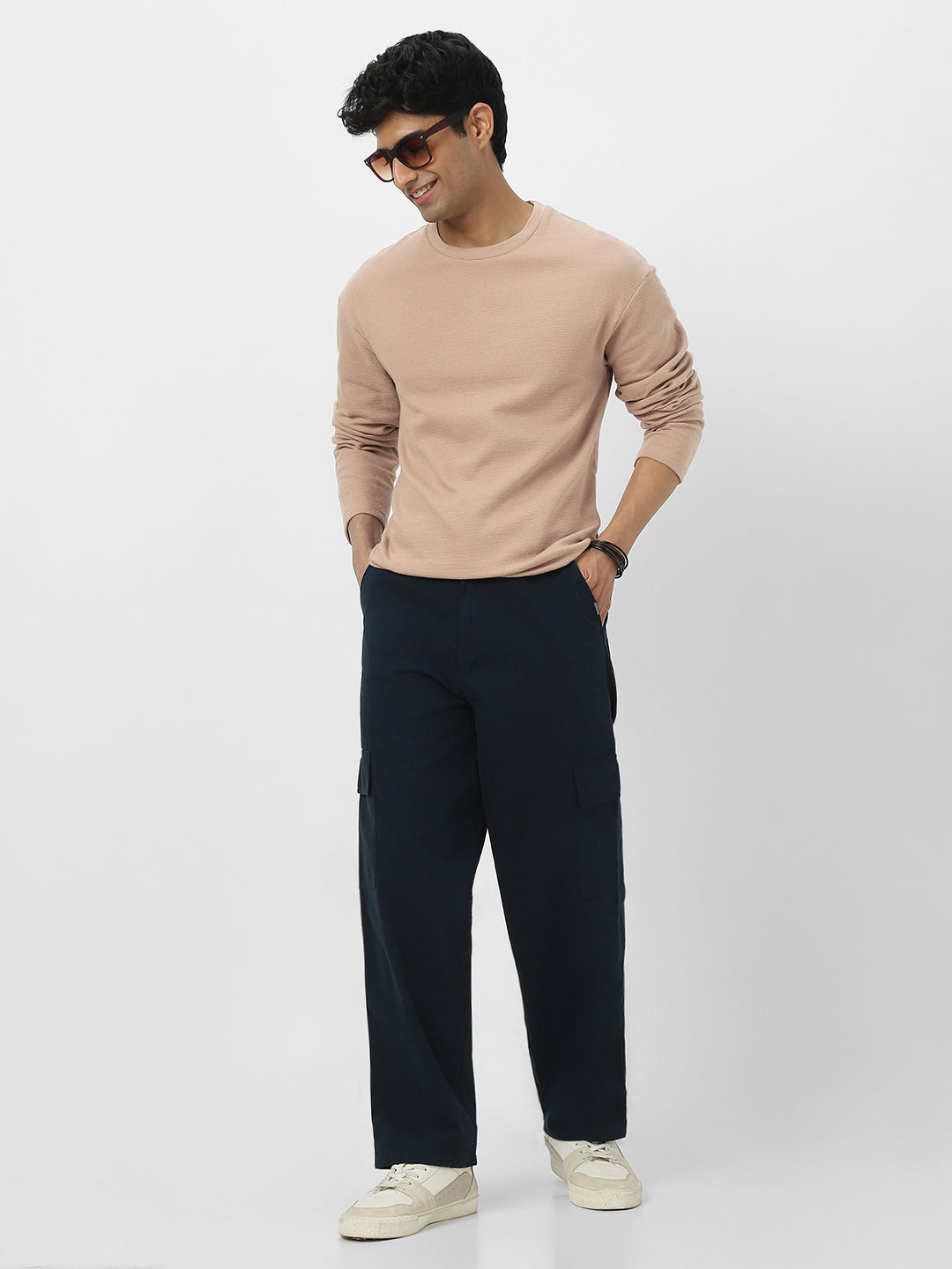 Men's Ginger Root Textured Round Neck Oversized Full Sleeve Cotton T-Shirt