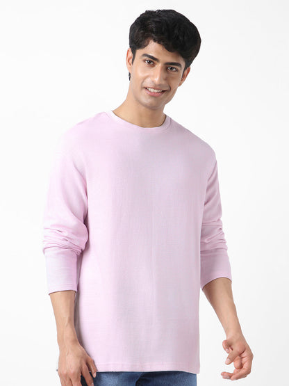 Men's Lavender Textured Round Neck Oversized Full Sleeve Cotton T-Shirt
