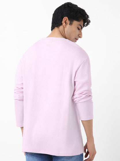 Men's Lavender Textured Round Neck Oversized Full Sleeve Cotton T-Shirt