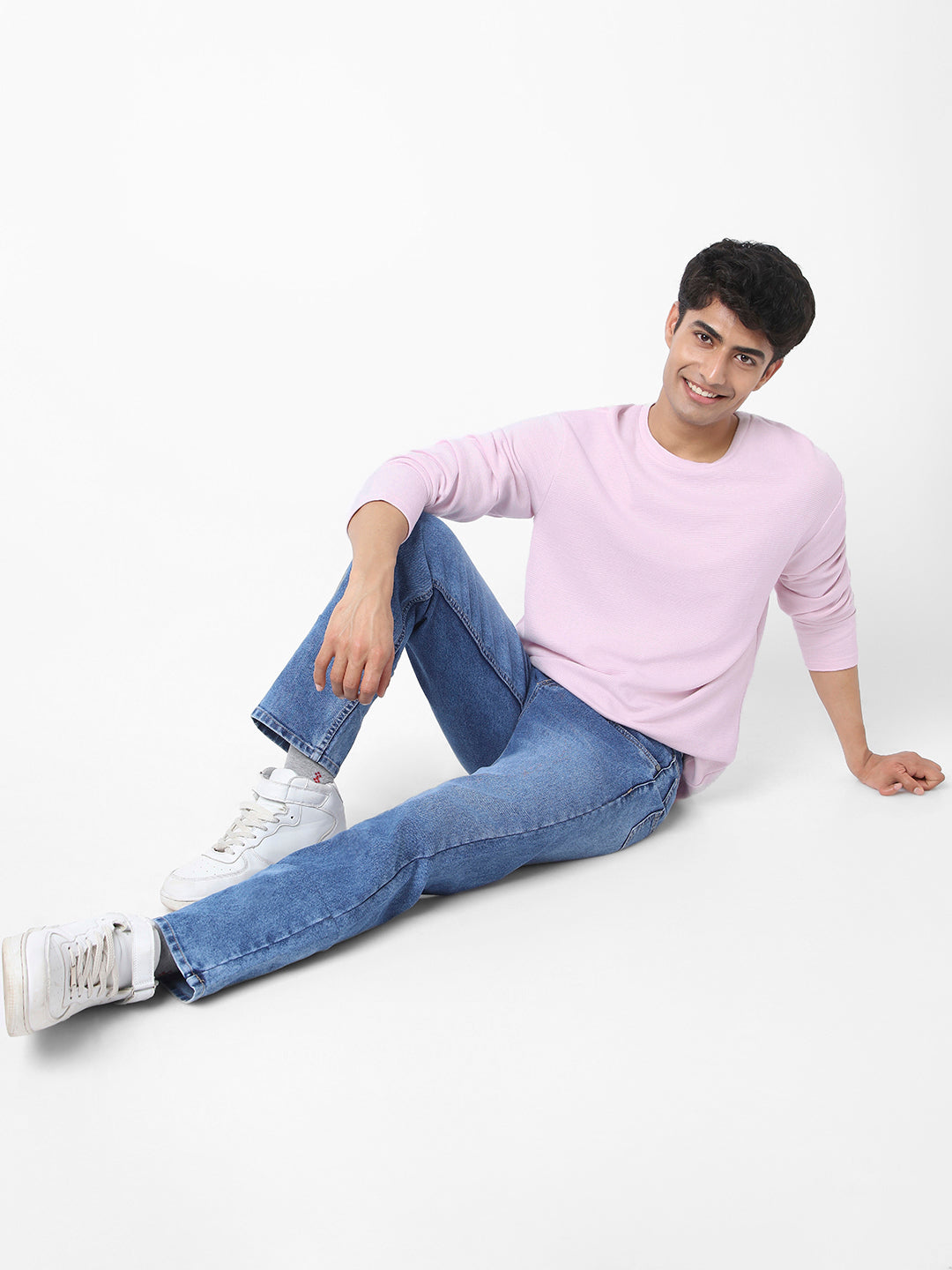 Men's Lavender Textured Round Neck Oversized Full Sleeve Cotton T-Shirt