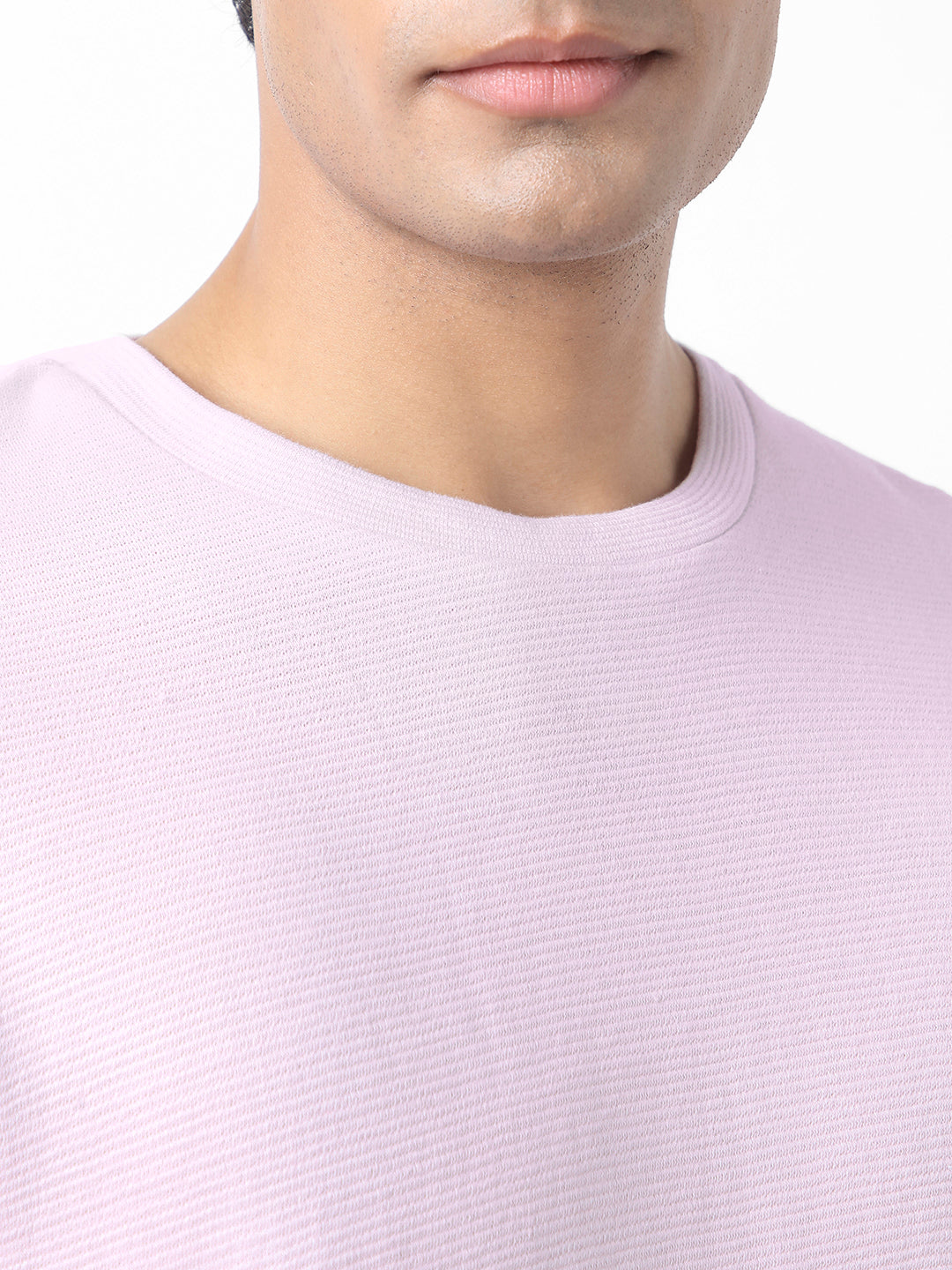 Men's Lavender Textured Round Neck Oversized Full Sleeve Cotton T-Shirt