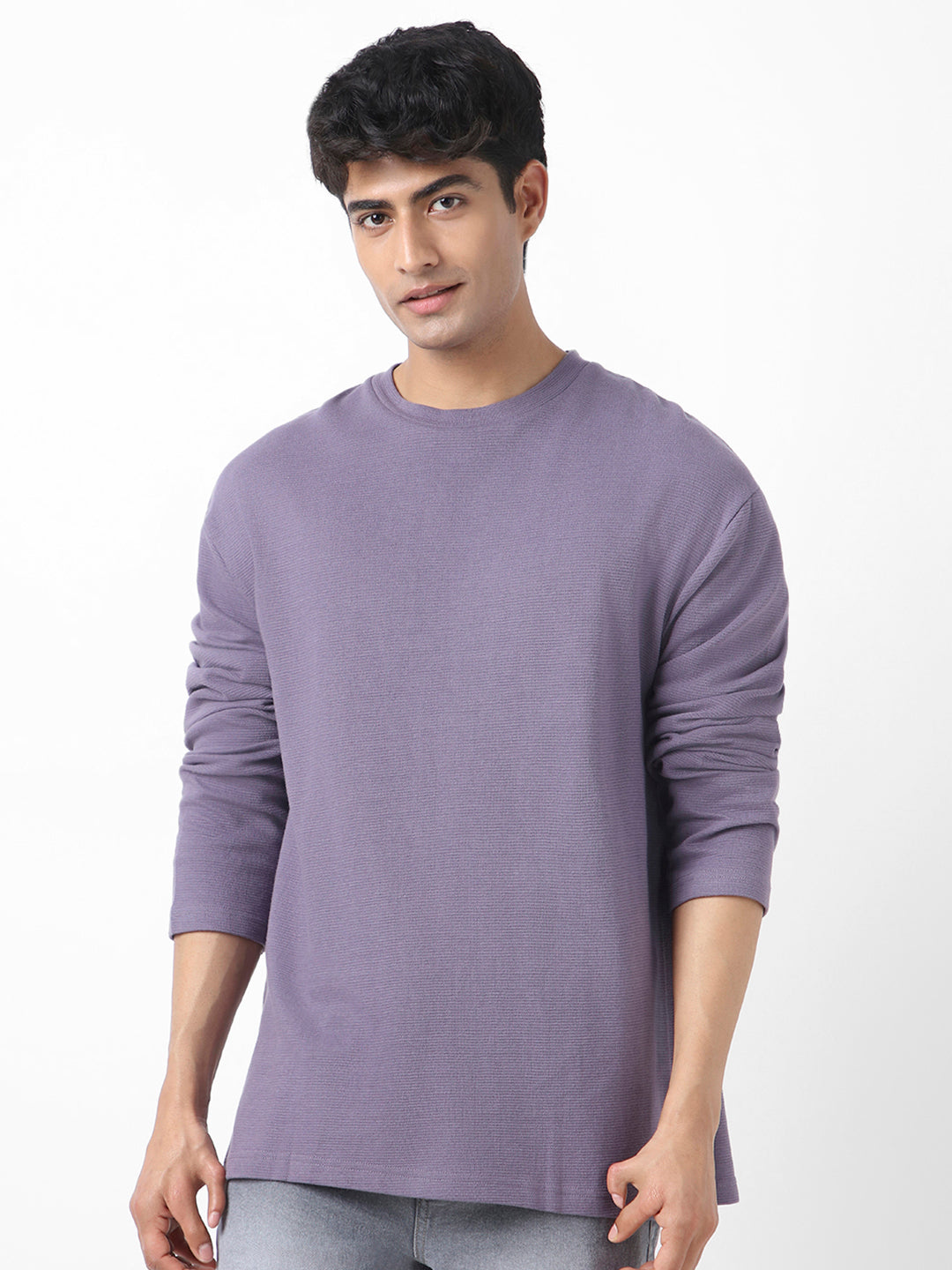 Men's Lilac Textured Round Neck Oversized Full Sleeve Cotton T-Shirt