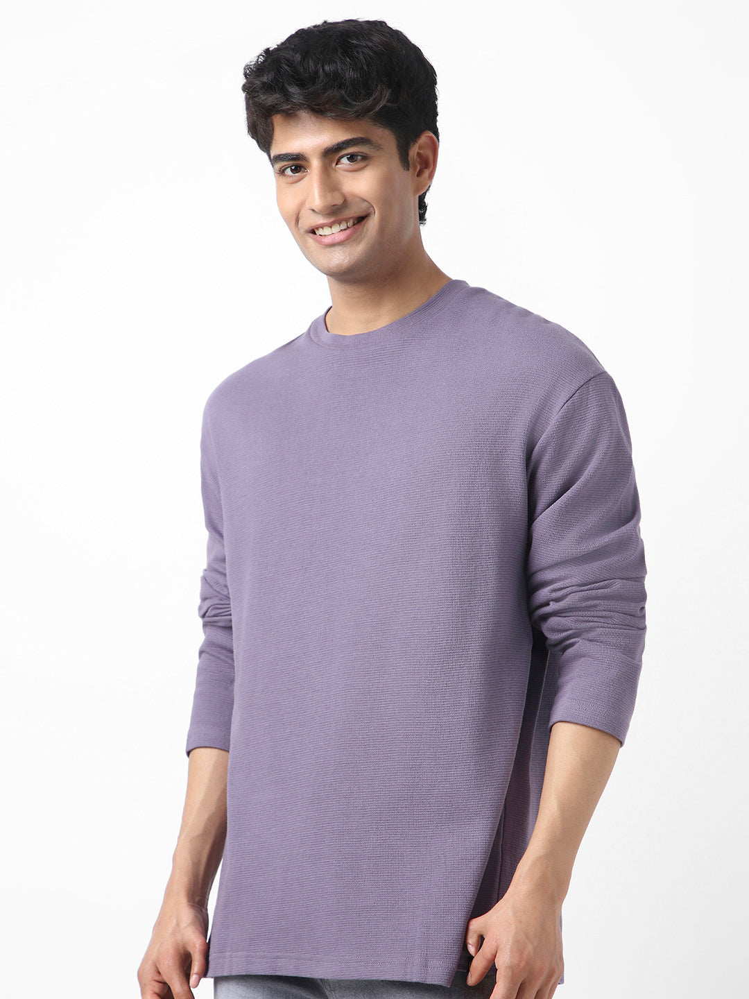 Men's Lilac Textured Round Neck Oversized Full Sleeve Cotton T-Shirt