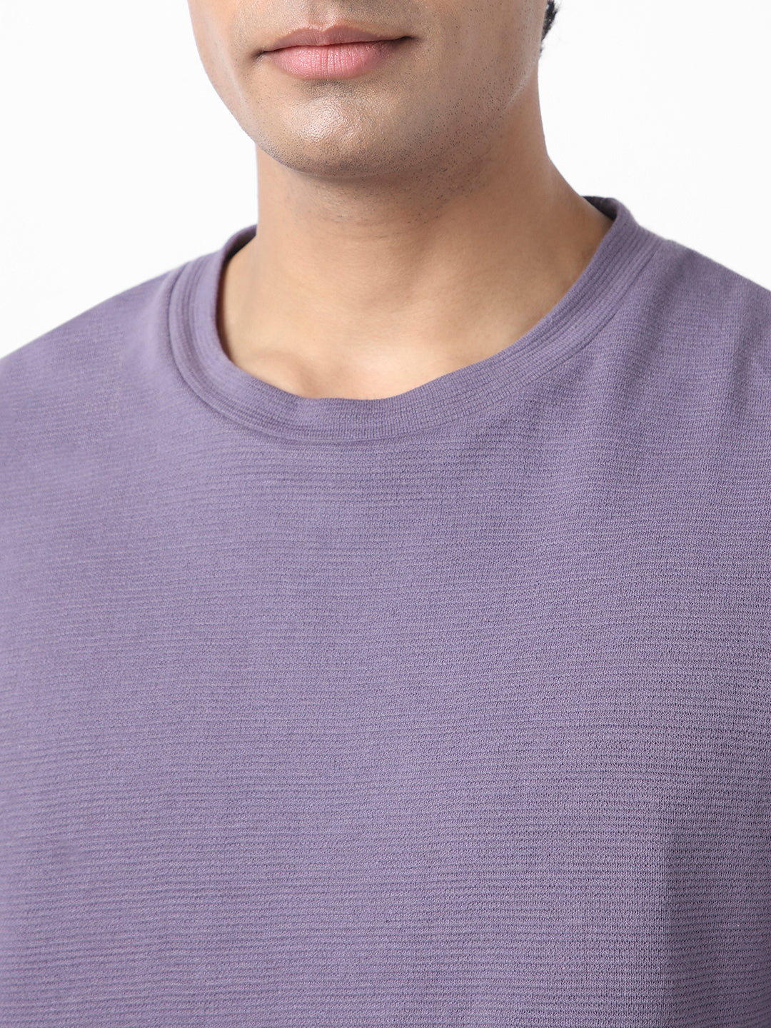 Men's Lilac Textured Round Neck Oversized Full Sleeve Cotton T-Shirt