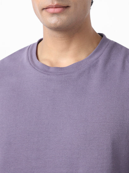 Men's Lilac Textured Round Neck Oversized Full Sleeve Cotton T-Shirt