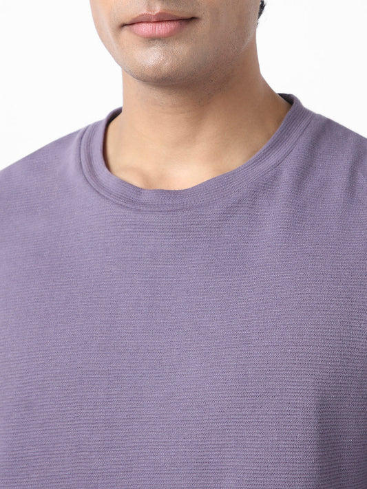 Men's Lilac Textured Round Neck Oversized Full Sleeve Cotton T-Shirt