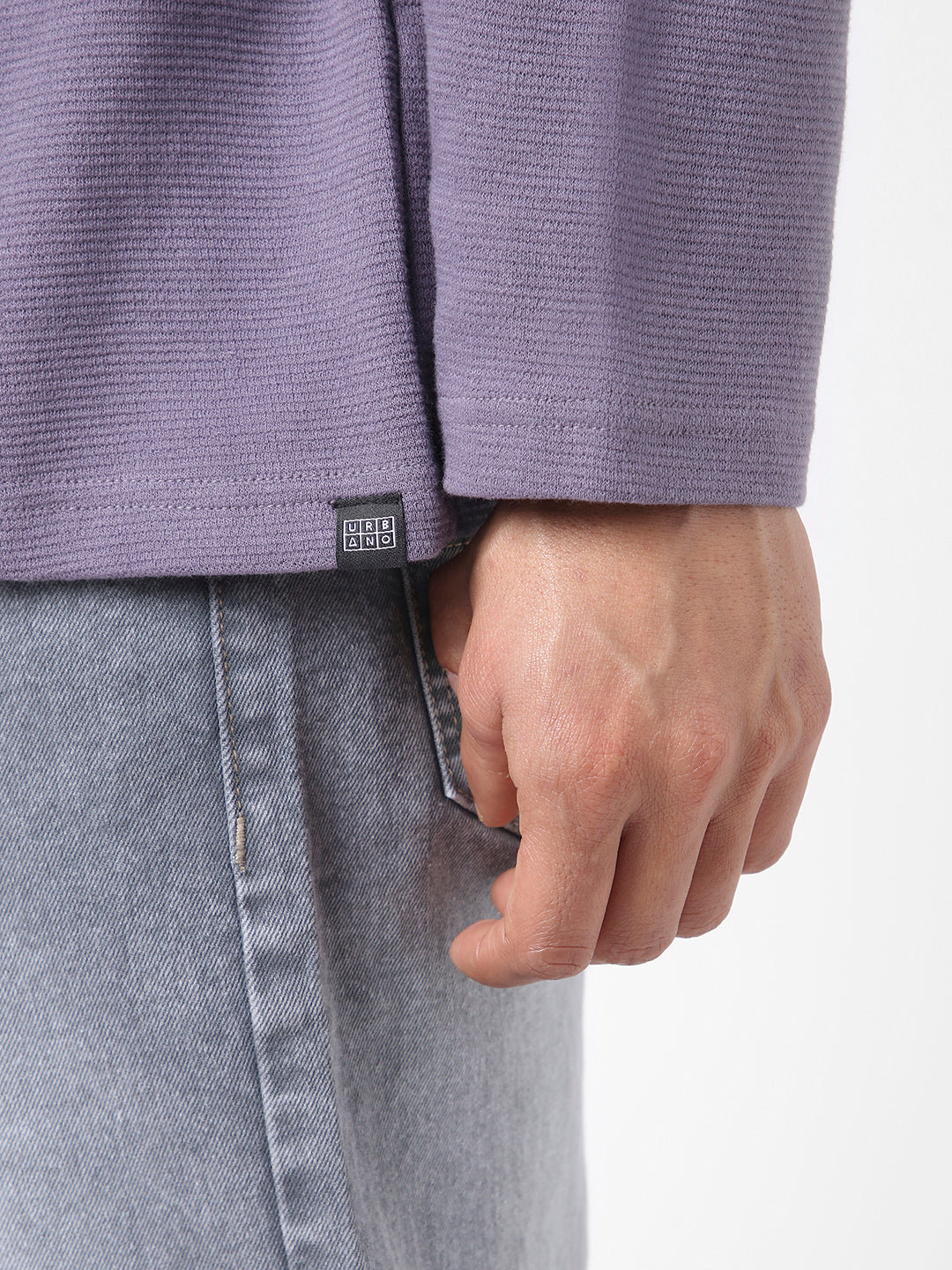 Men's Lilac Textured Round Neck Oversized Full Sleeve Cotton T-Shirt