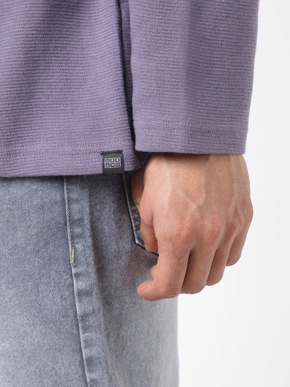 Men's Lilac Textured Round Neck Oversized Full Sleeve Cotton T-Shirt