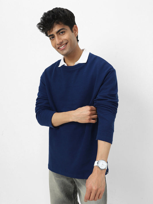 Men's Navy Textured Round Neck Oversized Full Sleeve Cotton T-Shirt