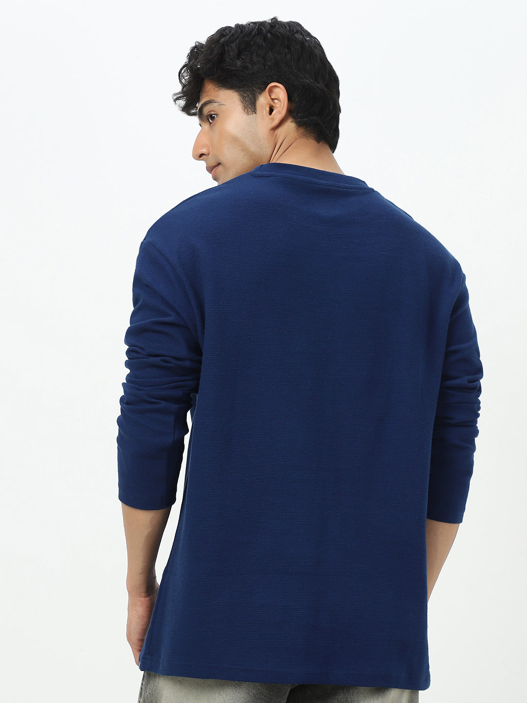 Men's Navy Textured Round Neck Oversized Full Sleeve Cotton T-Shirt