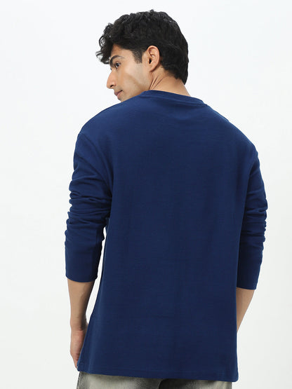 Men's Navy Textured Round Neck Oversized Full Sleeve Cotton T-Shirt