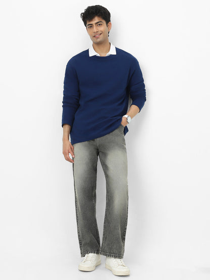 Men's Navy Textured Round Neck Oversized Full Sleeve Cotton T-Shirt