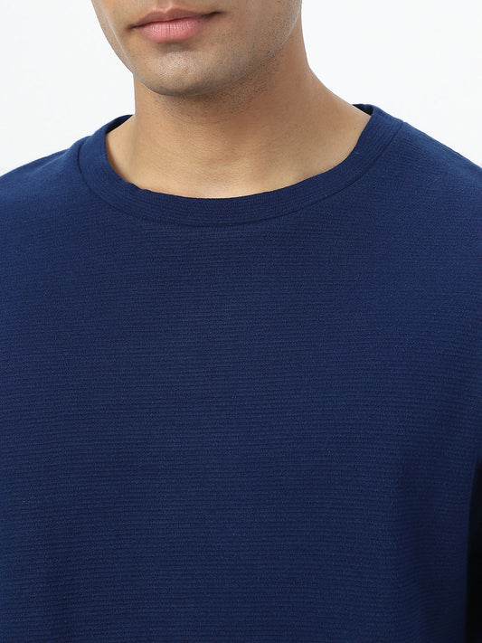 Men's Navy Textured Round Neck Oversized Full Sleeve Cotton T-Shirt