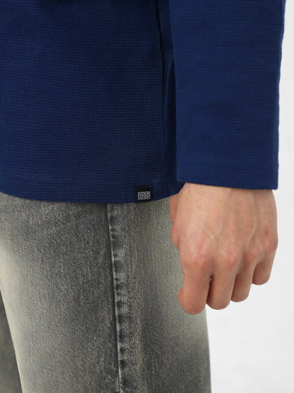 Men's Navy Textured Round Neck Oversized Full Sleeve Cotton T-Shirt