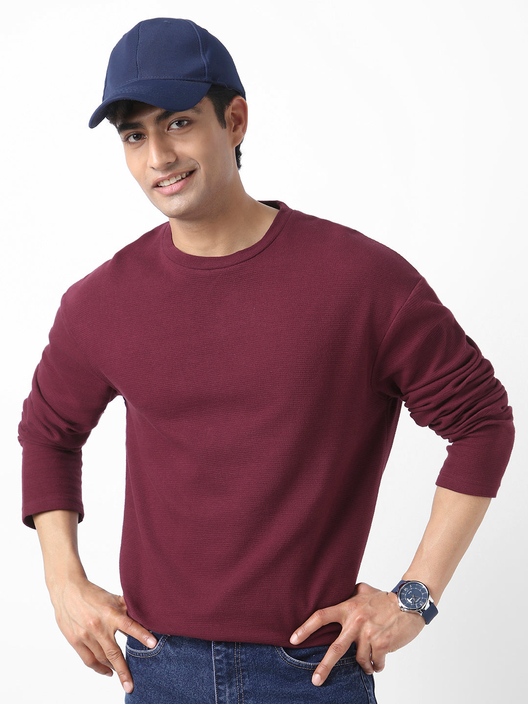 Men's Plum Textured Round Neck Oversized Full Sleeve Cotton T-Shirt