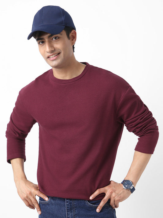 Men's Plum Textured Round Neck Oversized Full Sleeve Cotton T-Shirt