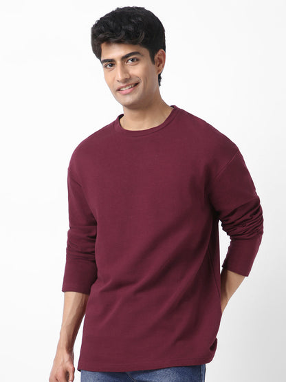 Men's Plum Textured Round Neck Oversized Full Sleeve Cotton T-Shirt