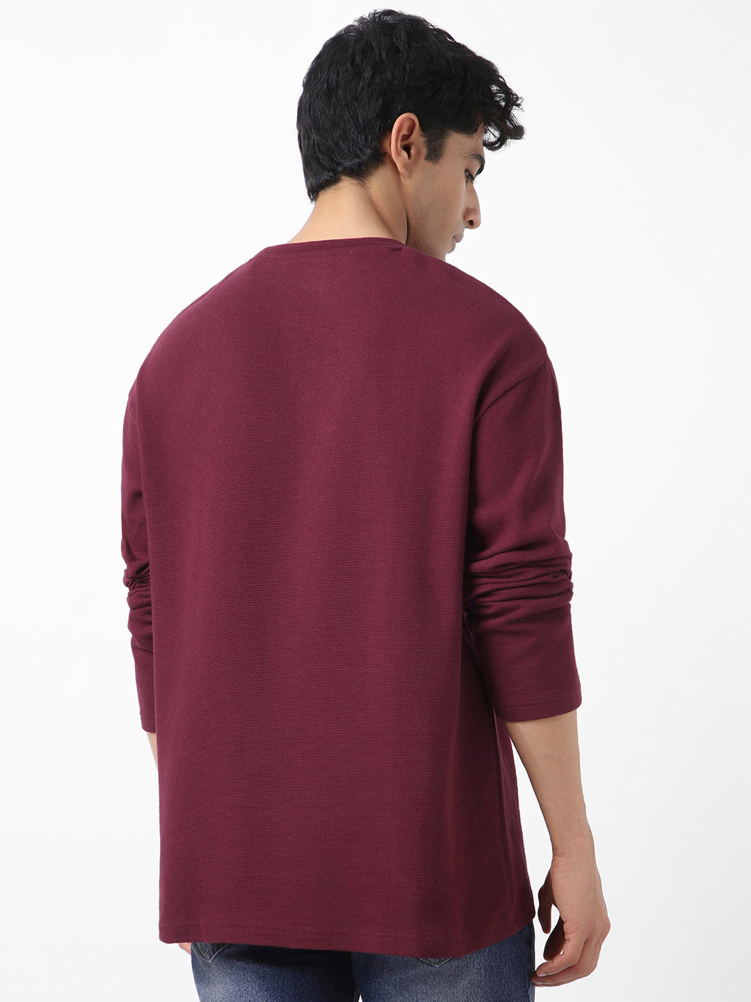 Men's Plum Textured Round Neck Oversized Full Sleeve Cotton T-Shirt