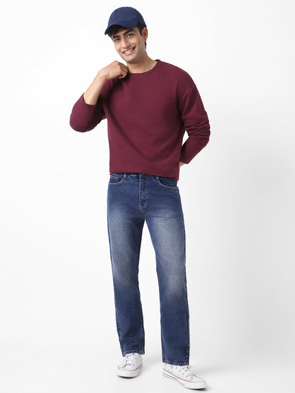 Men's Plum Textured Round Neck Oversized Full Sleeve Cotton T-Shirt