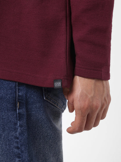 Men's Plum Textured Round Neck Oversized Full Sleeve Cotton T-Shirt