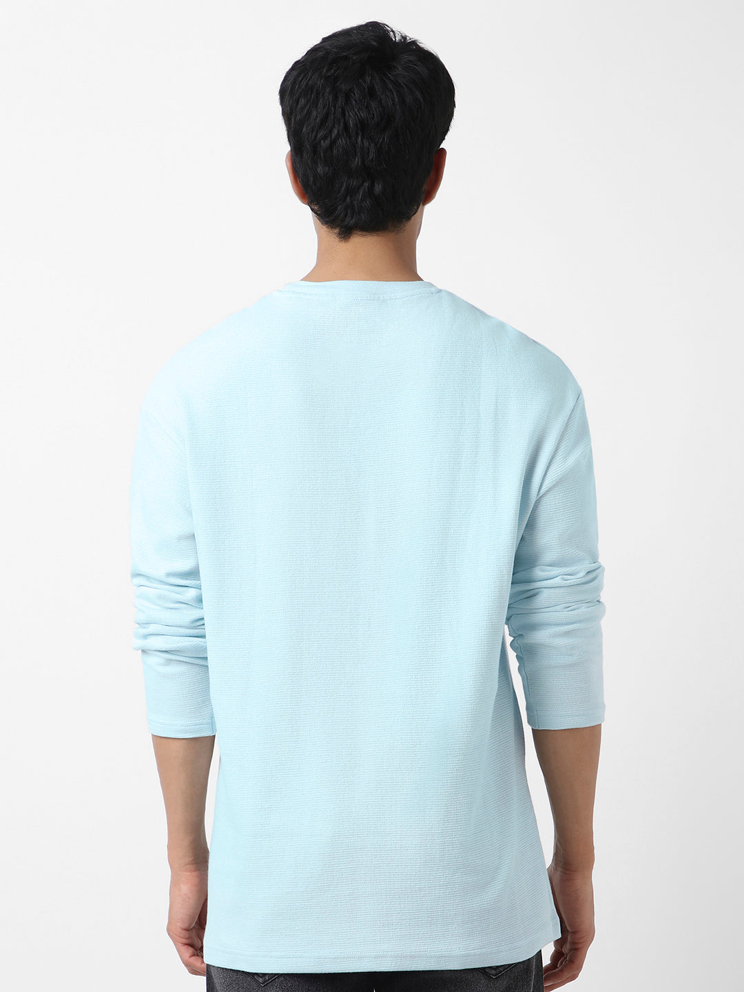 Men's Pastel Blue Textured Round Neck Oversized Full Sleeve Cotton T-Shirt
