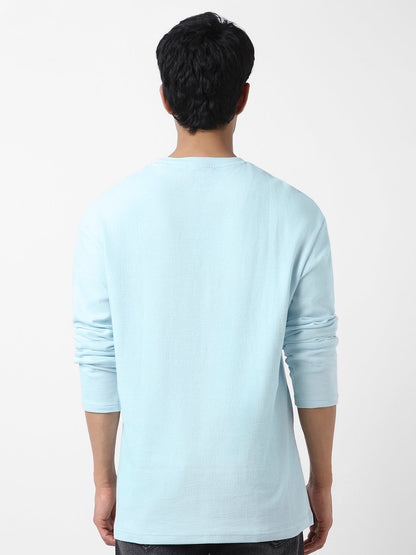 Men's Pastel Blue Textured Round Neck Oversized Full Sleeve Cotton T-Shirt