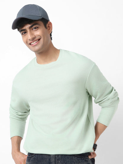 Men's Pastel Green Textured Round Neck Oversized Full Sleeve Cotton T-Shirt