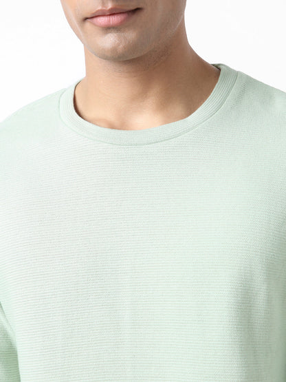 Men's Pastel Green Textured Round Neck Oversized Full Sleeve Cotton T-Shirt