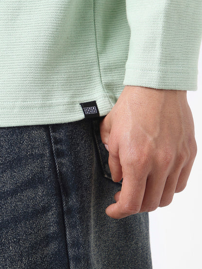 Men's Pastel Green Textured Round Neck Oversized Full Sleeve Cotton T-Shirt