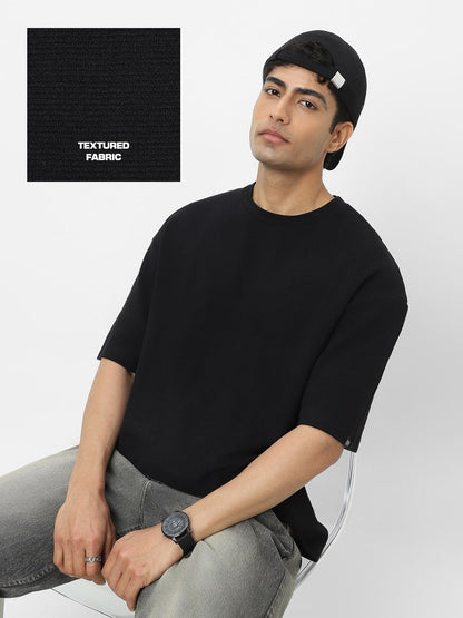 Men's Black Textured Round Neck Oversized Half Sleeve Cotton T-Shirt