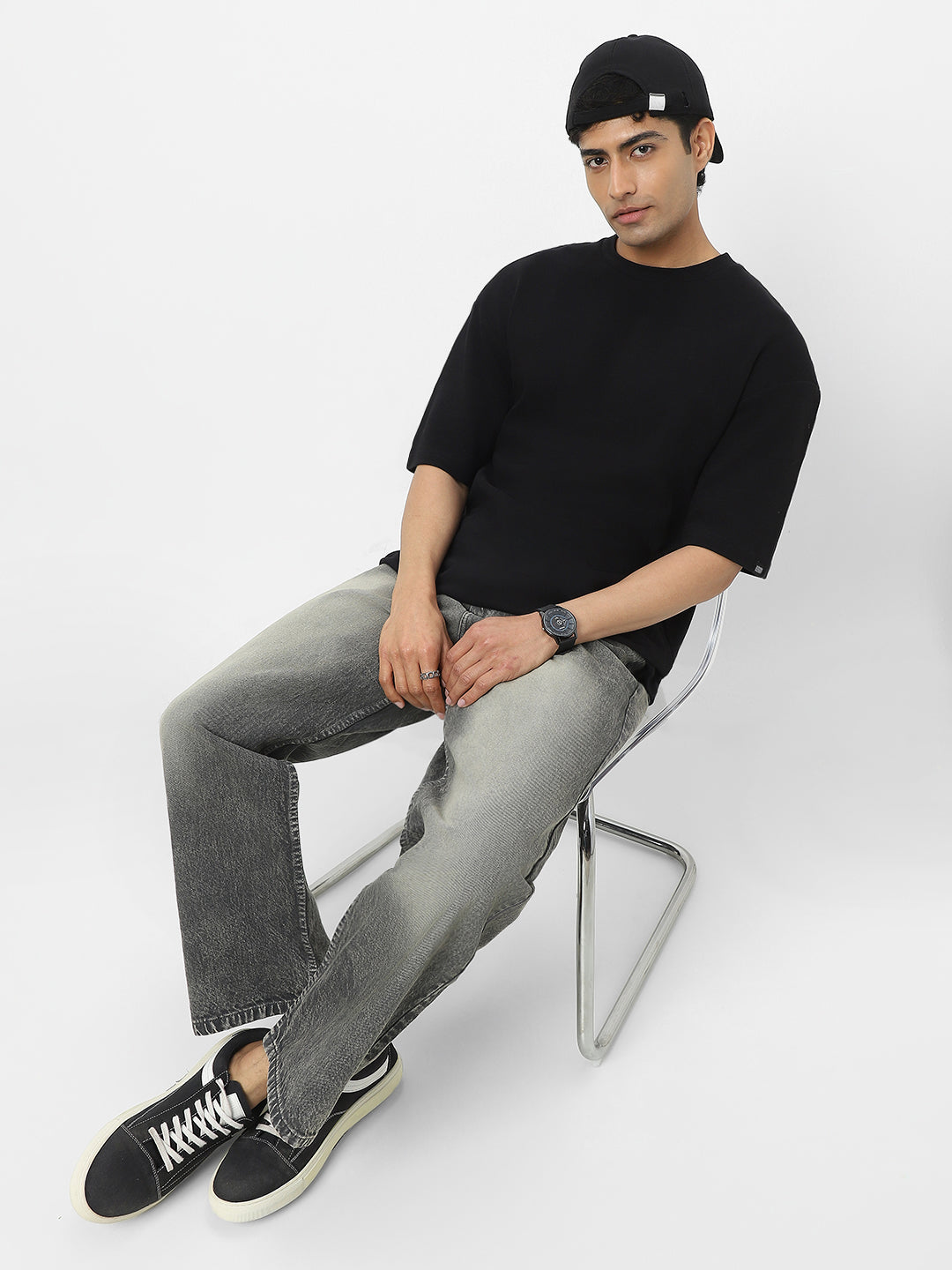 Men's Black Textured Round Neck Oversized Half Sleeve Cotton T-Shirt