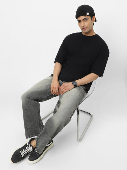 Men's Black Textured Round Neck Oversized Half Sleeve Cotton T-Shirt