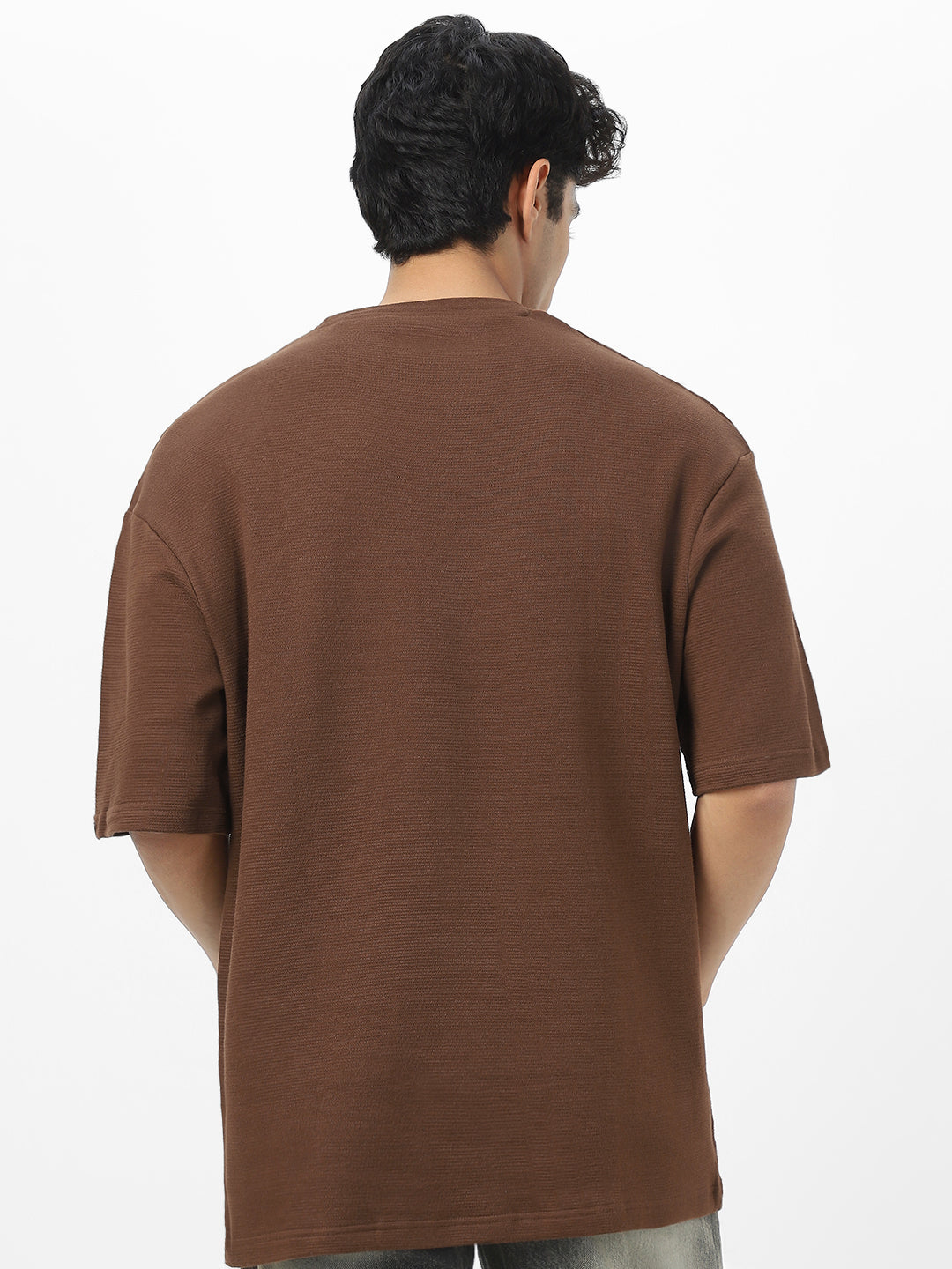 Men's Chocolate Brown Textured Round Neck Oversized Half Sleeve Cotton T-Shirt