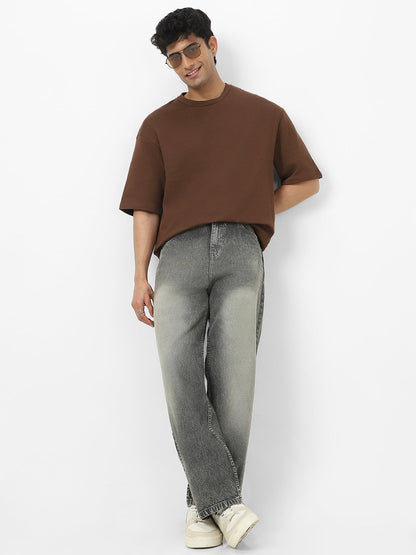 Men's Chocolate Brown Textured Round Neck Oversized Half Sleeve Cotton T-Shirt