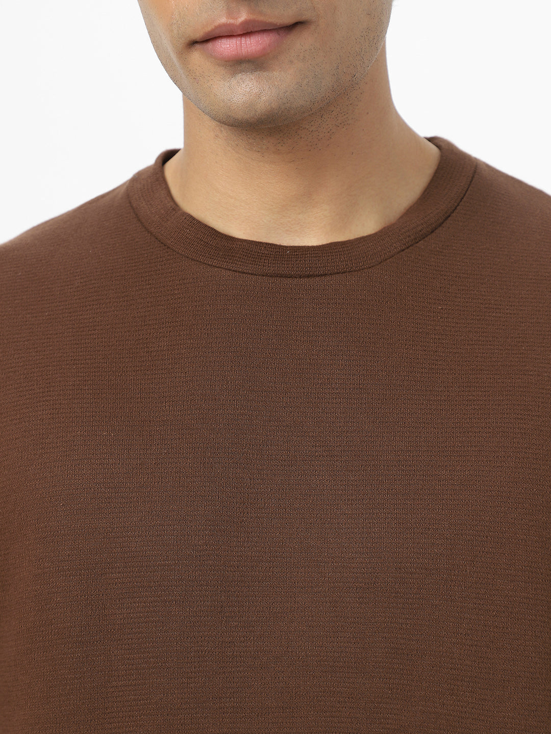 Men's Chocolate Brown Textured Round Neck Oversized Half Sleeve Cotton T-Shirt