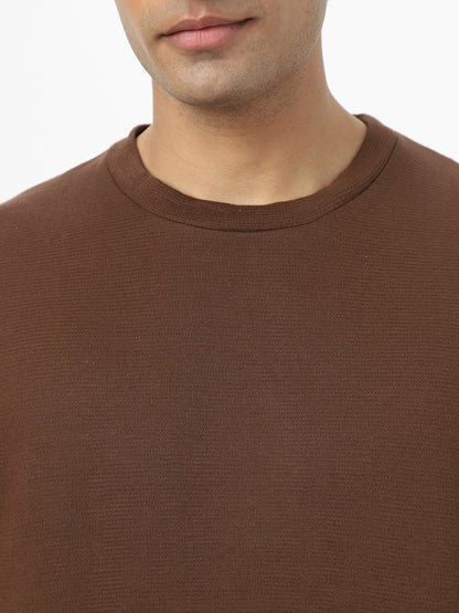 Men's Chocolate Brown Textured Round Neck Oversized Half Sleeve Cotton T-Shirt