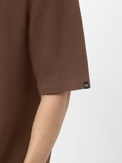 Men's Chocolate Brown Textured Round Neck Oversized Half Sleeve Cotton T-Shirt